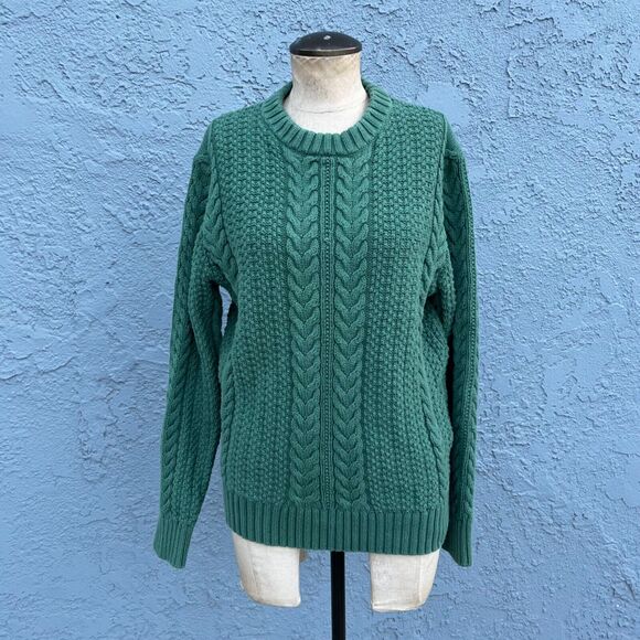 J Crew Cotton Cable Knit Crewneck Fisherman Sweater in Green Men's Medium - Picture 2 of 8